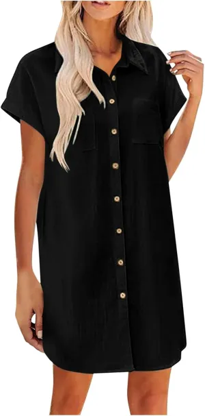 Women Loose Linen Mini Dress Summer Button Down T Shirt Dress Flowy Ruffle Short Sleeve Shift Dress with Pocket