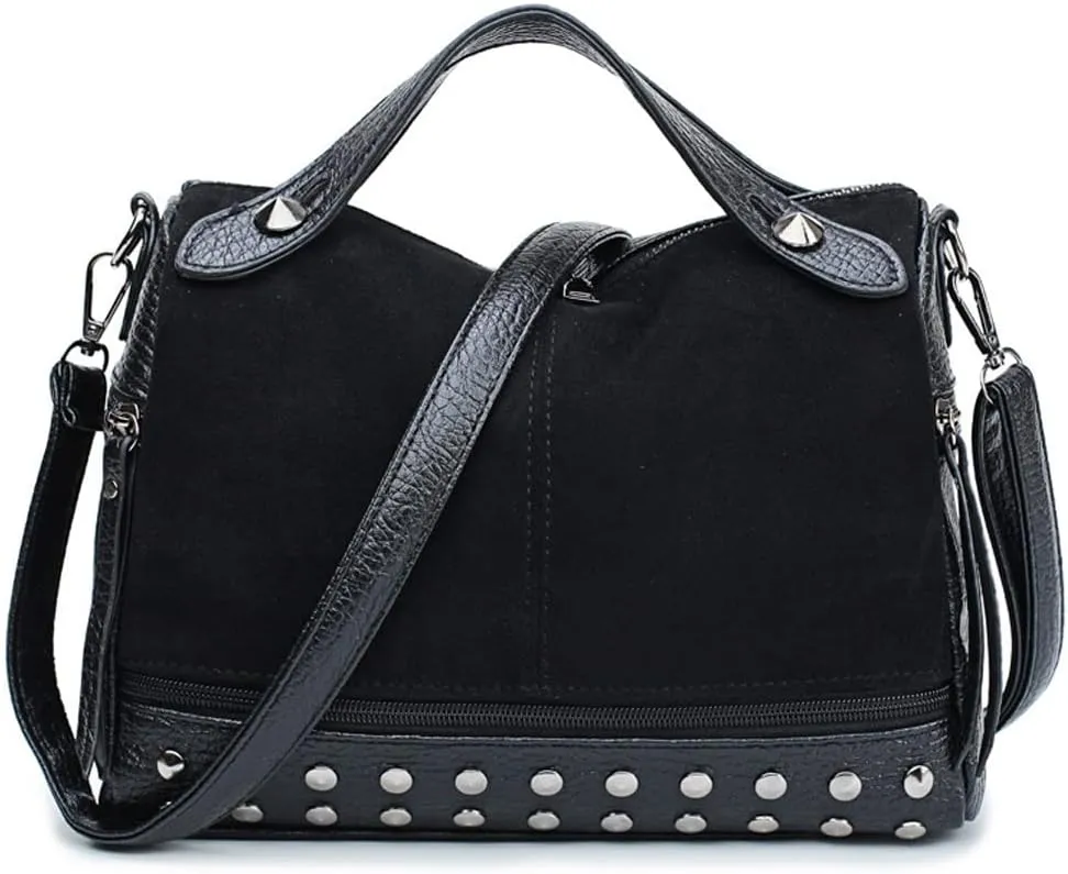 Women Messenger Bag Suede & PU Leather Handbag Rivet Shoulder Bag with Long Shoulder Strap