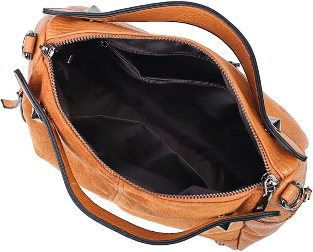 Women Messenger Bag Suede & PU Leather Handbag Rivet Shoulder Bag with Long Shoulder Strap