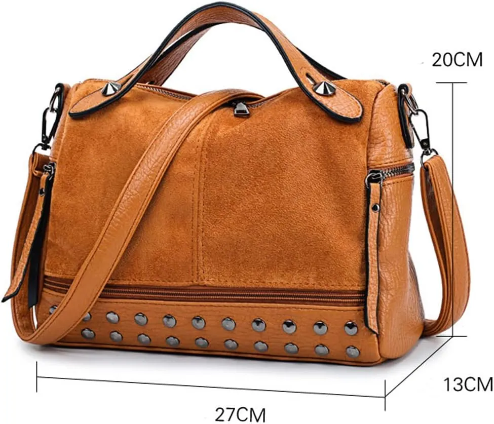 Women Messenger Bag Suede & PU Leather Handbag Rivet Shoulder Bag with Long Shoulder Strap