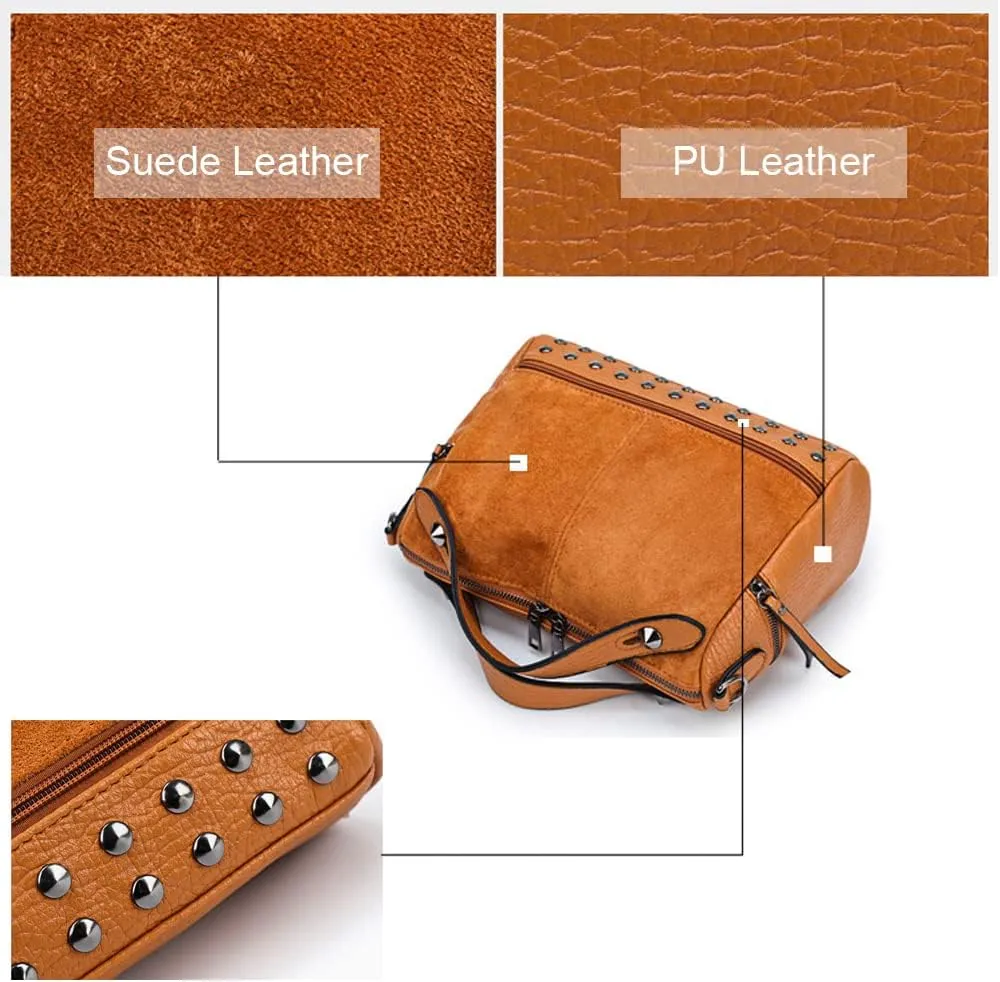Women Messenger Bag Suede & PU Leather Handbag Rivet Shoulder Bag with Long Shoulder Strap