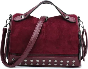 Women Messenger Bag Suede & PU Leather Handbag Rivet Shoulder Bag with Long Shoulder Strap