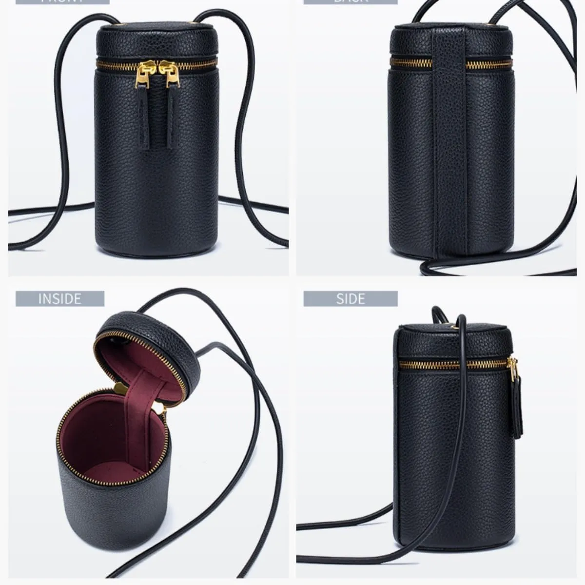 Women Mini Bucket Small Cylinder-shaped Crossbody Cowhide Leather Shoulder Cell Phone Saddle