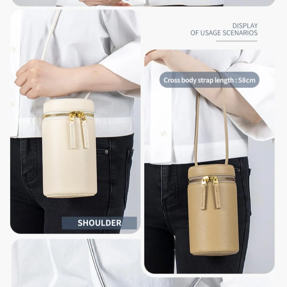 Women Mini Bucket Small Cylinder-shaped Crossbody Cowhide Leather Shoulder Cell Phone Saddle