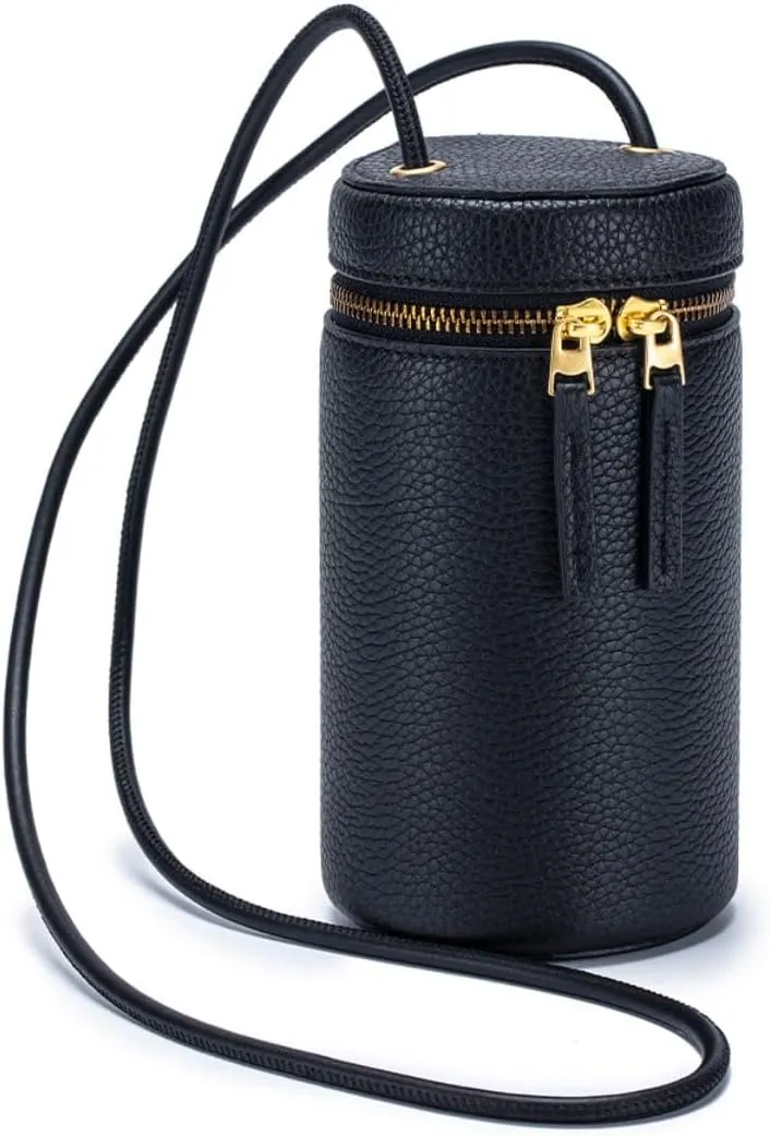 Women Mini Bucket Small Cylinder-shaped Crossbody Cowhide Leather Shoulder Cell Phone Saddle