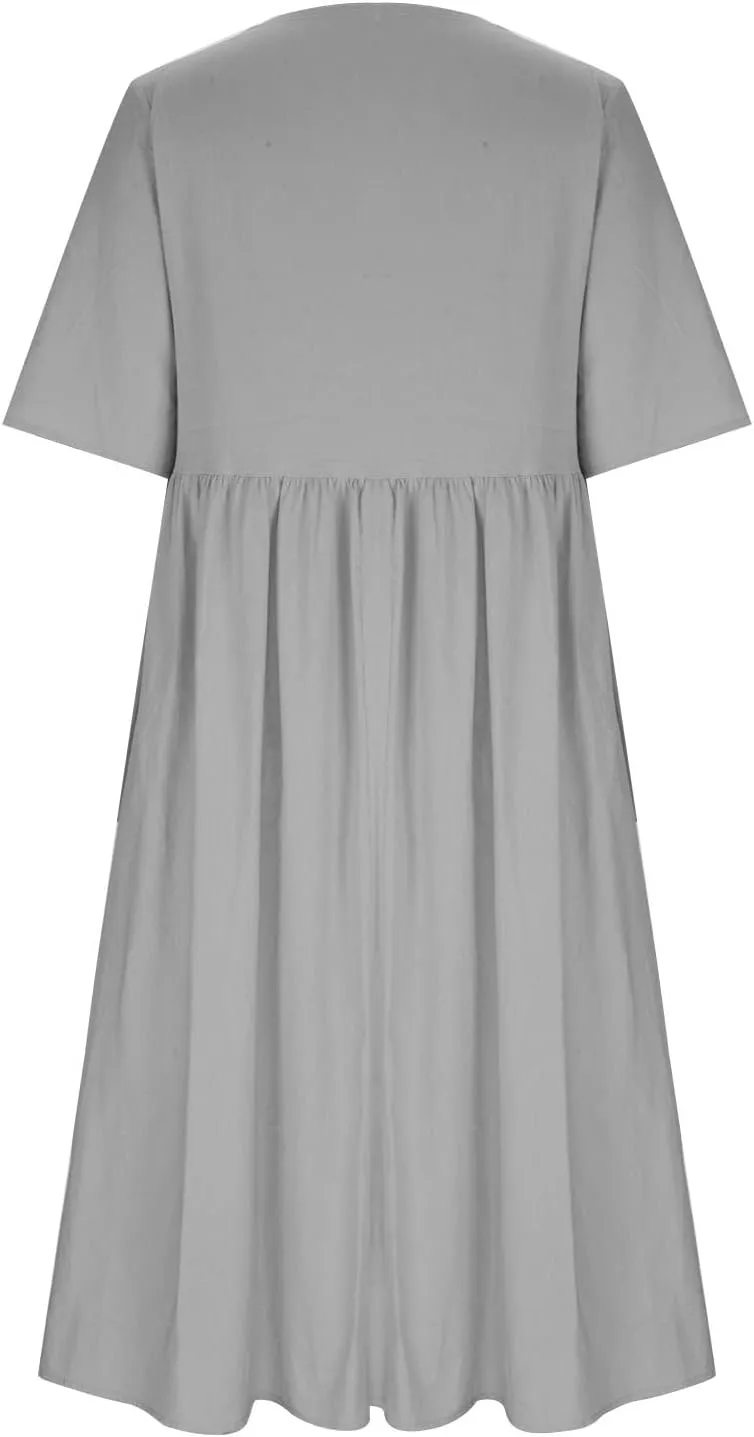 Women Plus Size Summer Casual T Shirt Dresses Trendy Pleated Midi Dress Cute Short Sleeve Tunic Dresses with Pockets