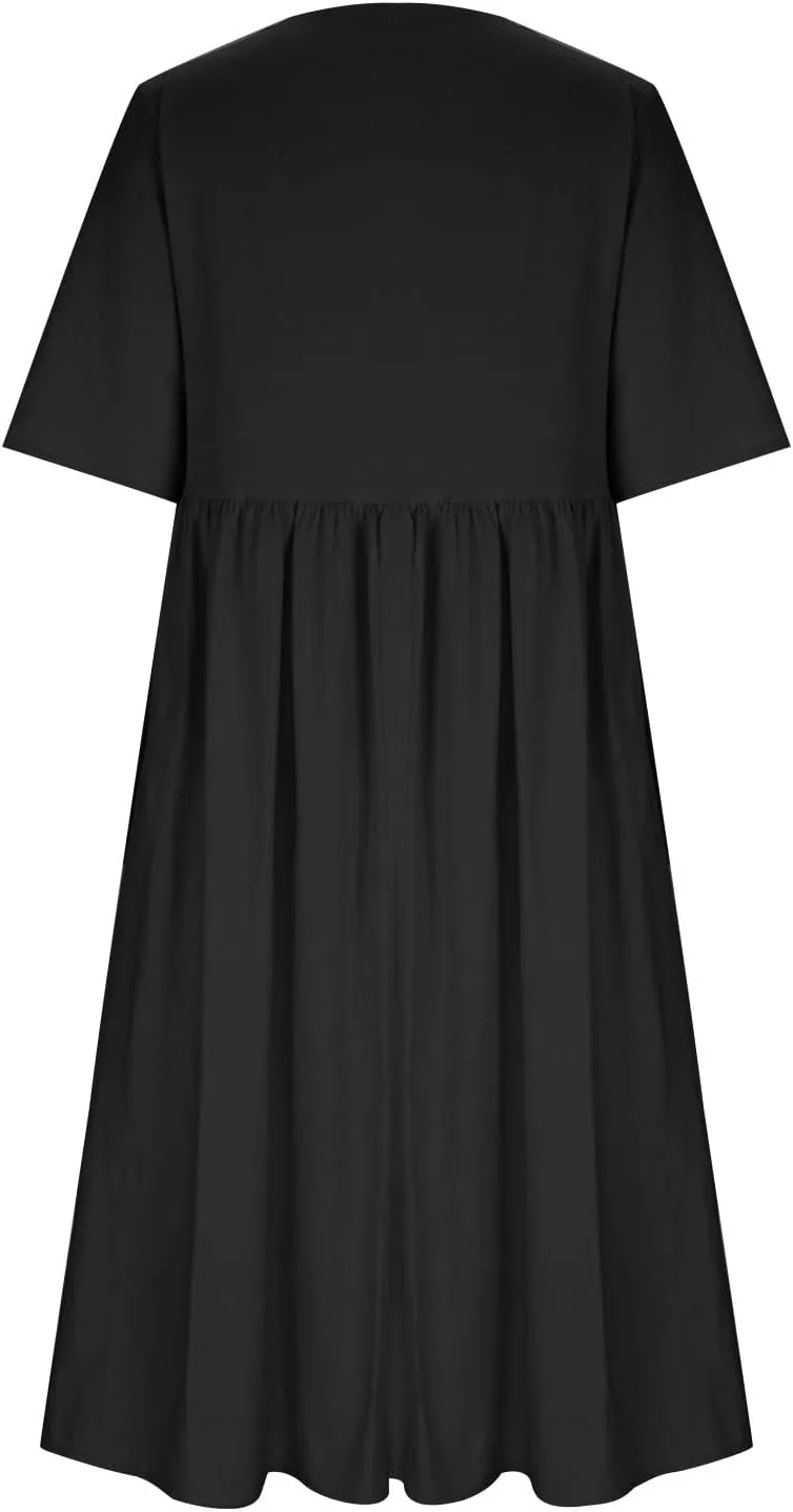 Women Plus Size Summer Casual T Shirt Dresses Trendy Pleated Midi Dress Cute Short Sleeve Tunic Dresses with Pockets