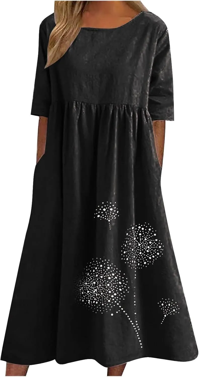 Women Plus Size Summer Casual T Shirt Dresses Trendy Pleated Midi Dress Cute Short Sleeve Tunic Dresses with Pockets