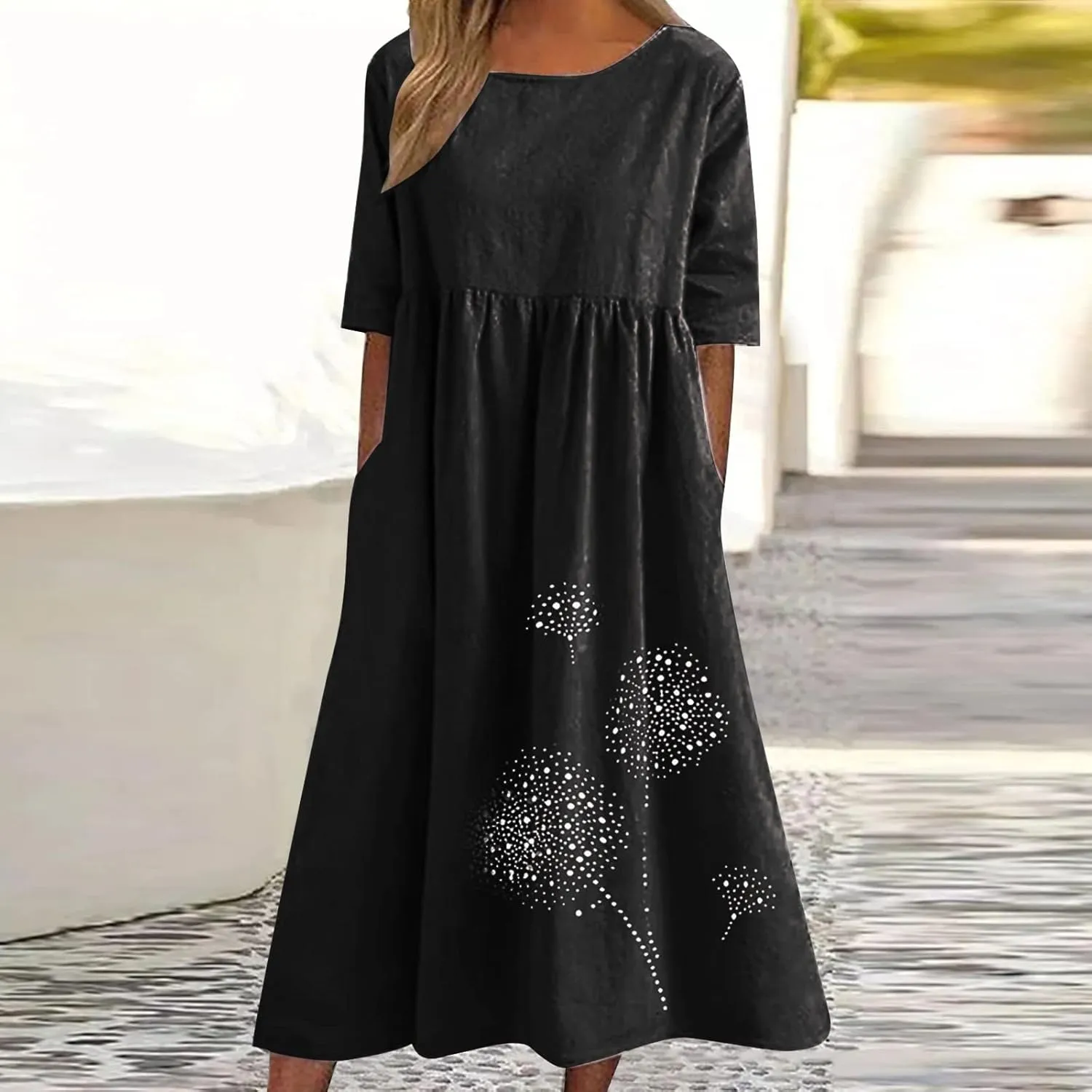 Women Plus Size Summer Casual T Shirt Dresses Trendy Pleated Midi Dress Cute Short Sleeve Tunic Dresses with Pockets