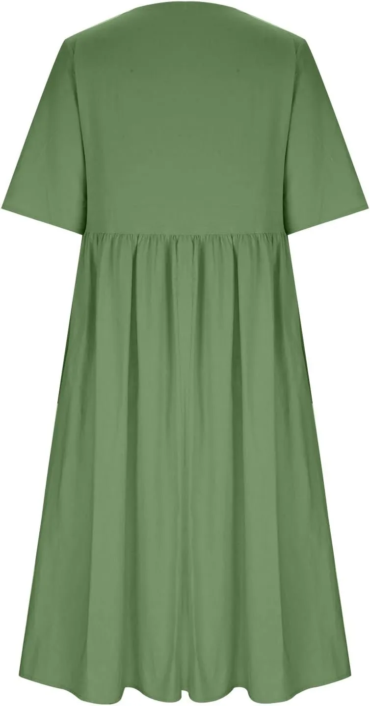 Women Plus Size Summer Casual T Shirt Dresses Trendy Pleated Midi Dress Cute Short Sleeve Tunic Dresses with Pockets