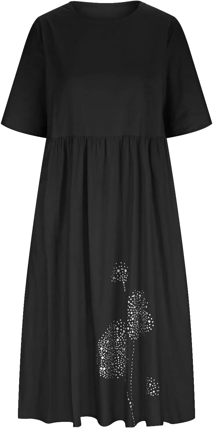 Women Plus Size Summer Casual T Shirt Dresses Trendy Pleated Midi Dress Cute Short Sleeve Tunic Dresses with Pockets