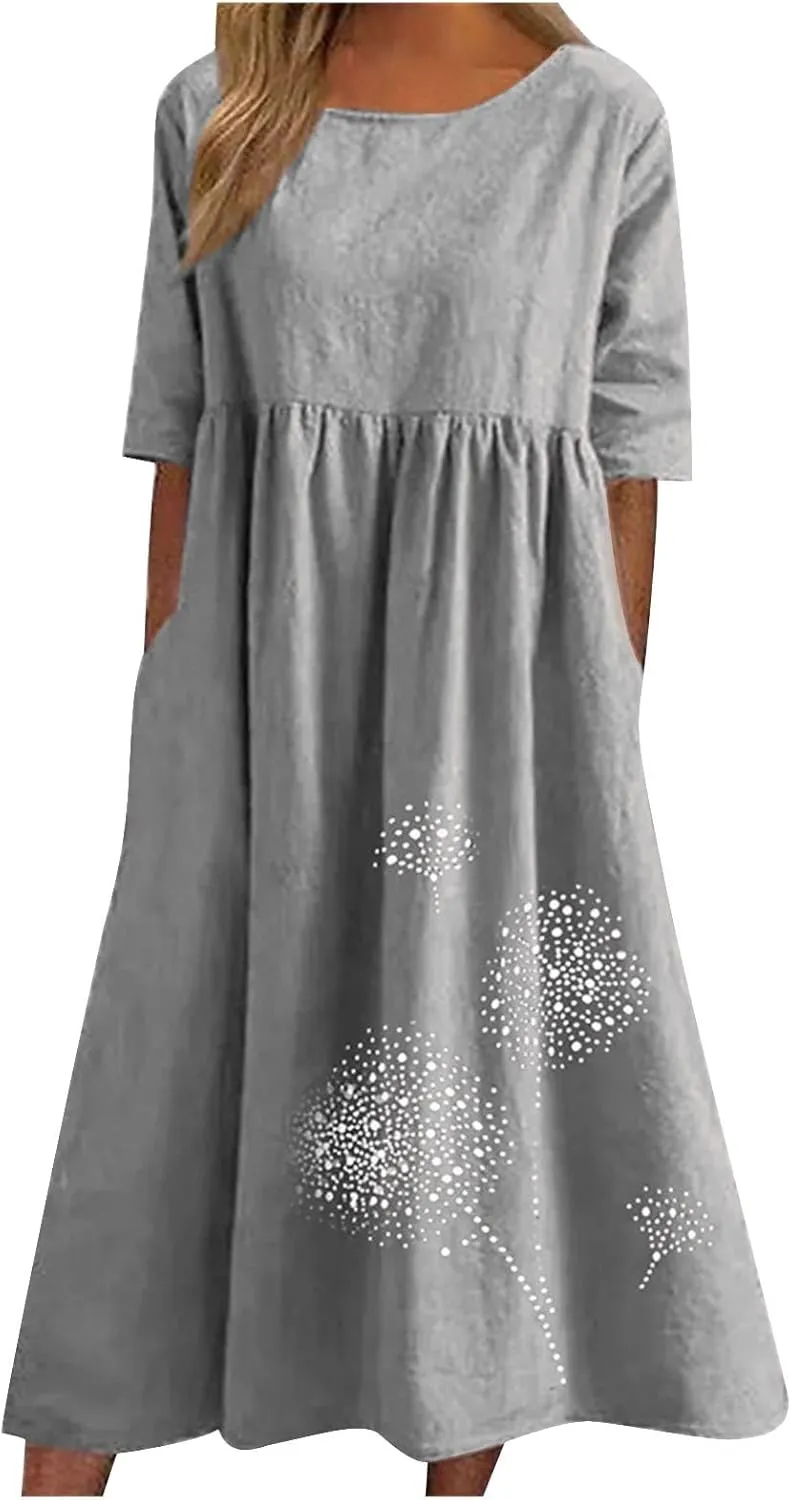 Women Plus Size Summer Casual T Shirt Dresses Trendy Pleated Midi Dress Cute Short Sleeve Tunic Dresses with Pockets
