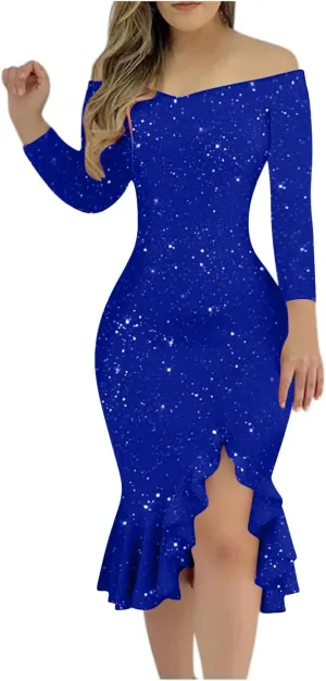 Women Sequin Glitter Midi Dress Off Shoulder Split Plus Size Bodycon Slim Fit Formal Evening Cocktail Prom Ball Gowns