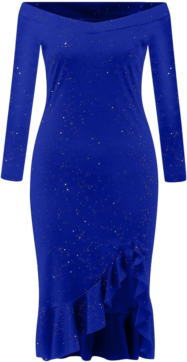 Women Sequin Glitter Midi Dress Off Shoulder Split Plus Size Bodycon Slim Fit Formal Evening Cocktail Prom Ball Gowns