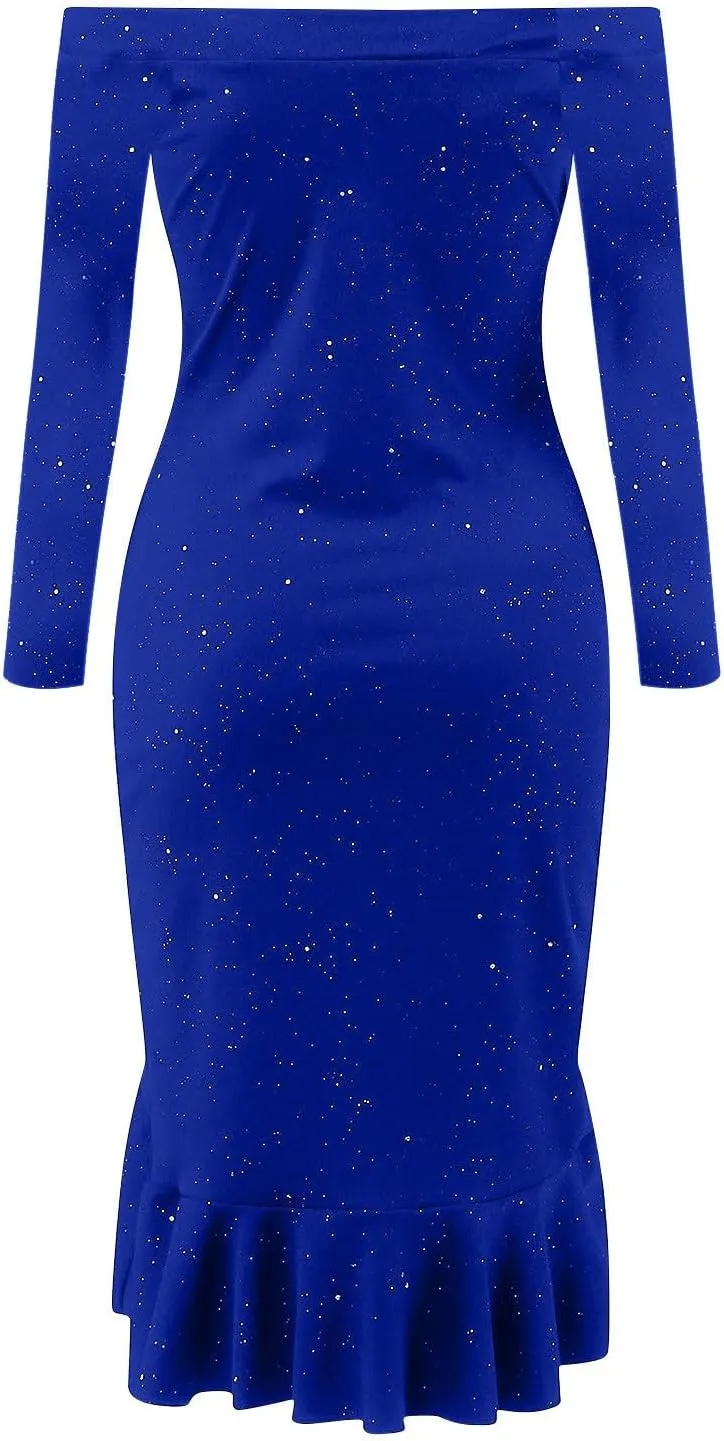 Women Sequin Glitter Midi Dress Off Shoulder Split Plus Size Bodycon Slim Fit Formal Evening Cocktail Prom Ball Gowns