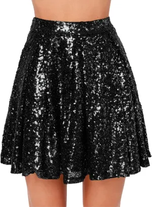 Women Sequin Pleated Midi Skirt Sparkly Cute High Waist Shiny Glitter Short Skirts Night Out Club Party Skirts