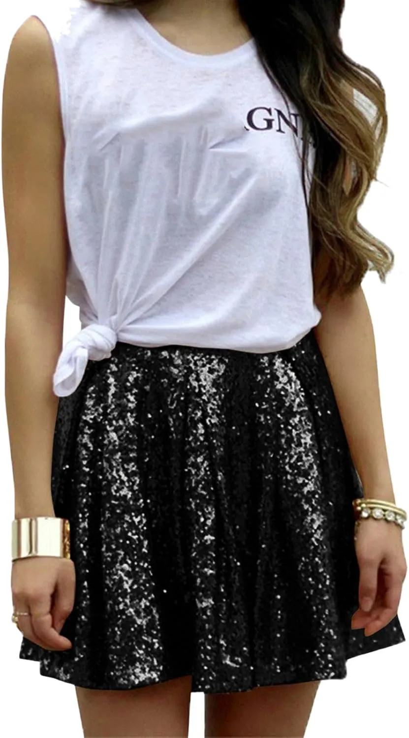 Women Sequin Pleated Midi Skirt Sparkly Cute High Waist Shiny Glitter Short Skirts Night Out Club Party Skirts