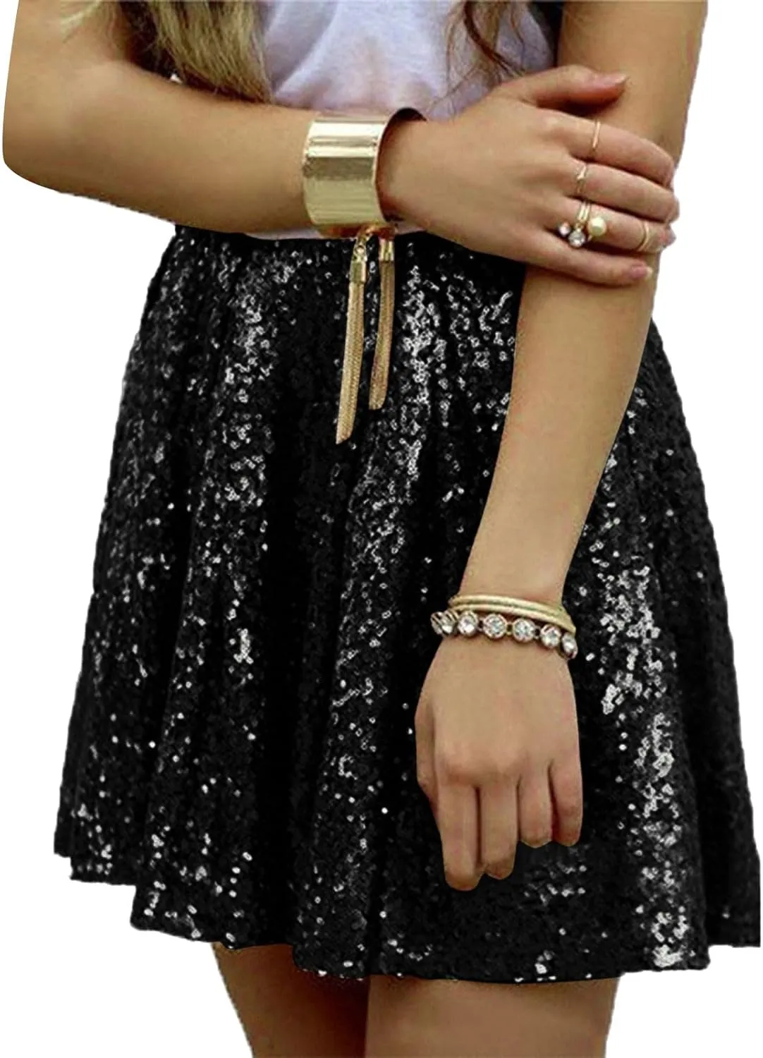 Women Sequin Pleated Midi Skirt Sparkly Cute High Waist Shiny Glitter Short Skirts Night Out Club Party Skirts