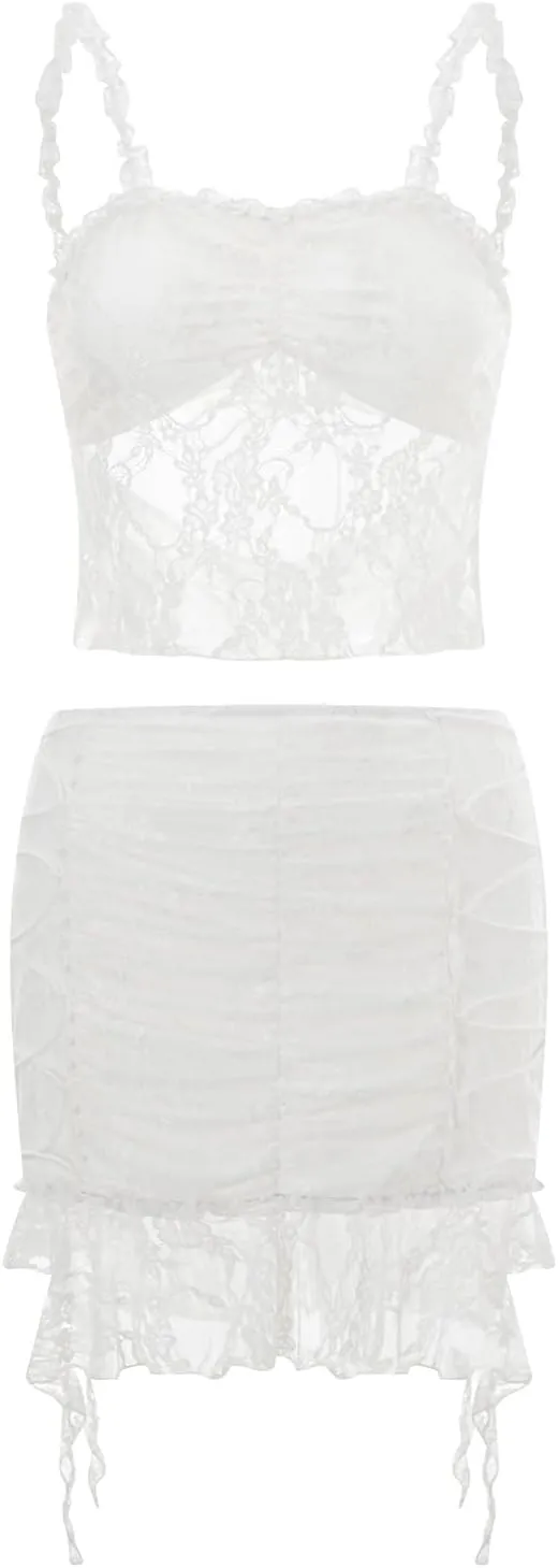 Women Skirt Set, Lace Patchwork Backless Camisole with Mini Bodycon Skirt Summer Outfit for Party Club