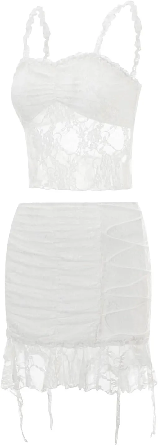 Women Skirt Set, Lace Patchwork Backless Camisole with Mini Bodycon Skirt Summer Outfit for Party Club