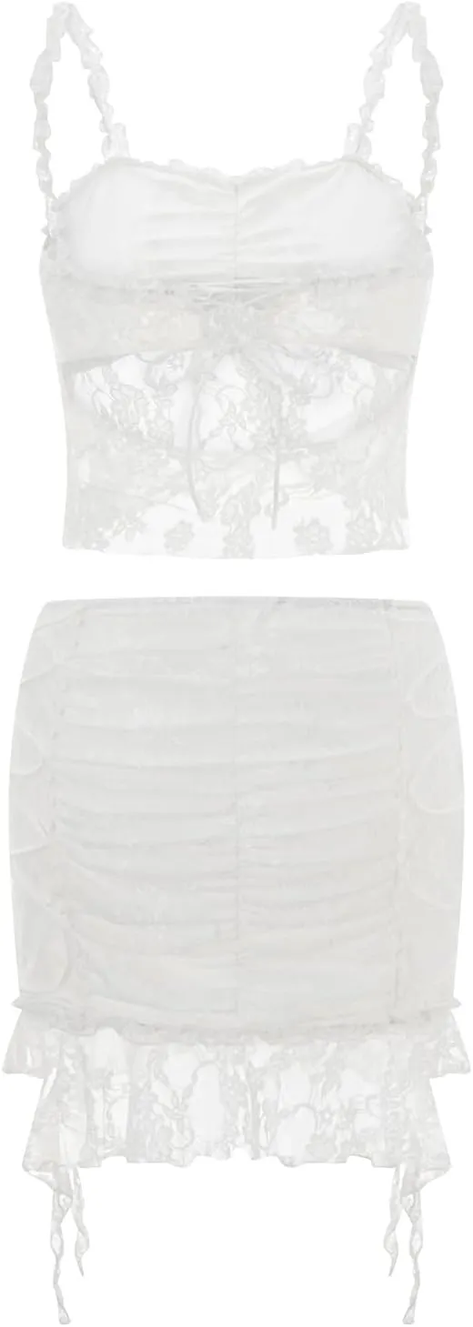 Women Skirt Set, Lace Patchwork Backless Camisole with Mini Bodycon Skirt Summer Outfit for Party Club