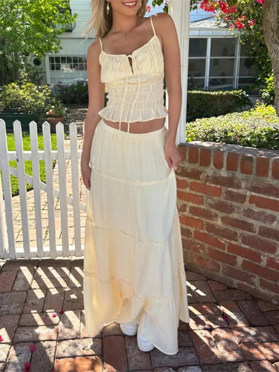 Women Summer 2 Piece Maxi Skirt Sets Y2k Halter Tie Up Backless Tops Ruffle Ruched Long Skirt Beach Vacation Outfit