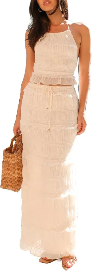 Women Summer 2 Piece Maxi Skirt Sets Y2k Halter Tie Up Backless Tops Ruffle Ruched Long Skirt Beach Vacation Outfit