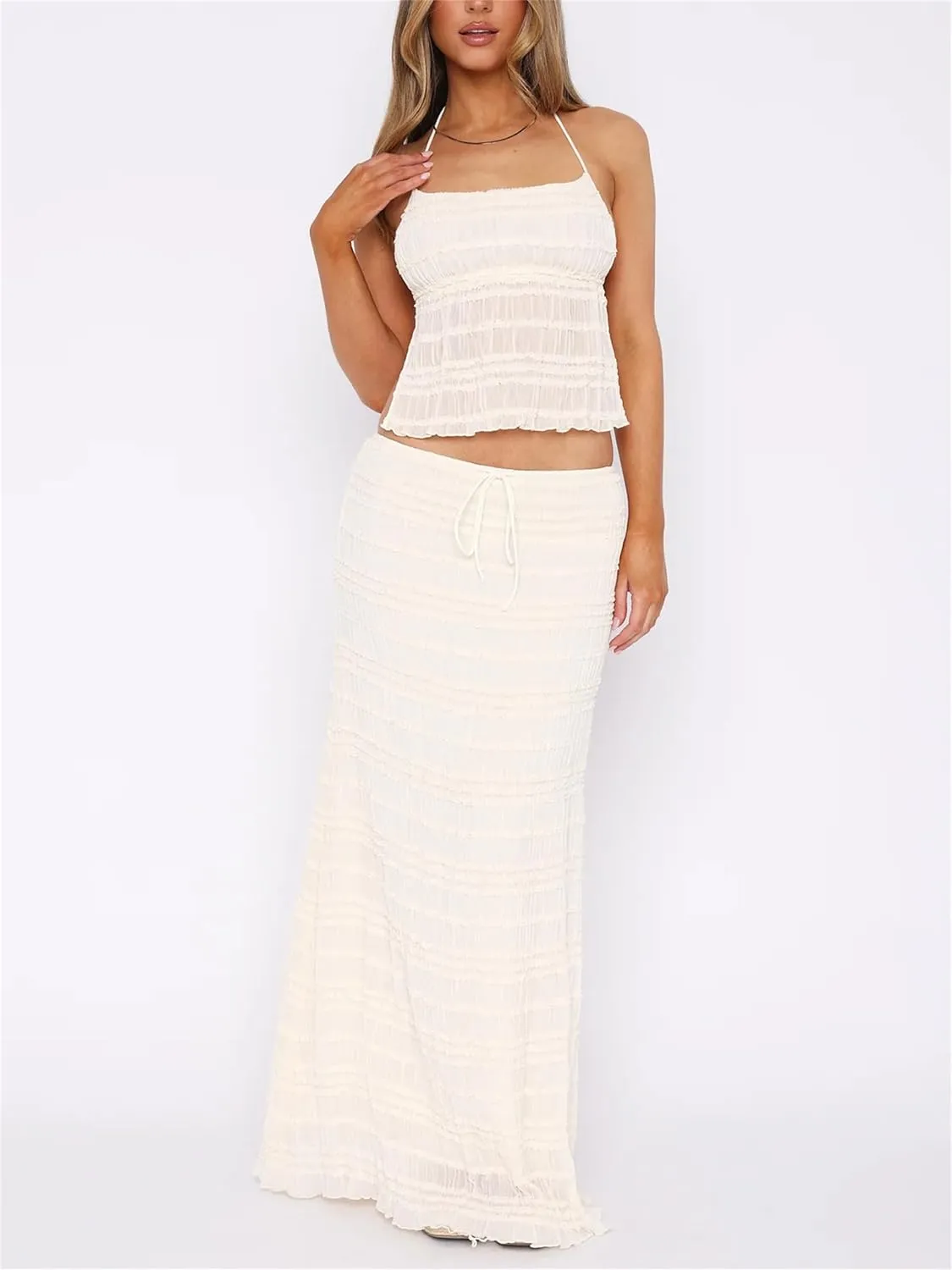 Women Summer 2 Piece Maxi Skirt Sets Y2k Halter Tie Up Backless Tops Ruffle Ruched Long Skirt Beach Vacation Outfit