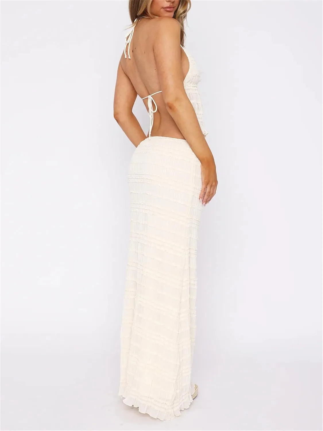 Women Summer 2 Piece Maxi Skirt Sets Y2k Halter Tie Up Backless Tops Ruffle Ruched Long Skirt Beach Vacation Outfit