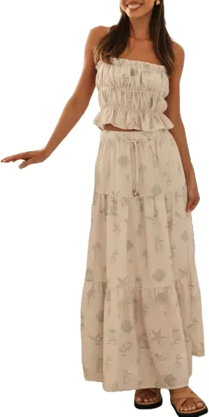 Women Summer 2 Piece Maxi Skirt Sets Y2k Halter Tie Up Backless Tops Ruffle Ruched Long Skirt Beach Vacation Outfit