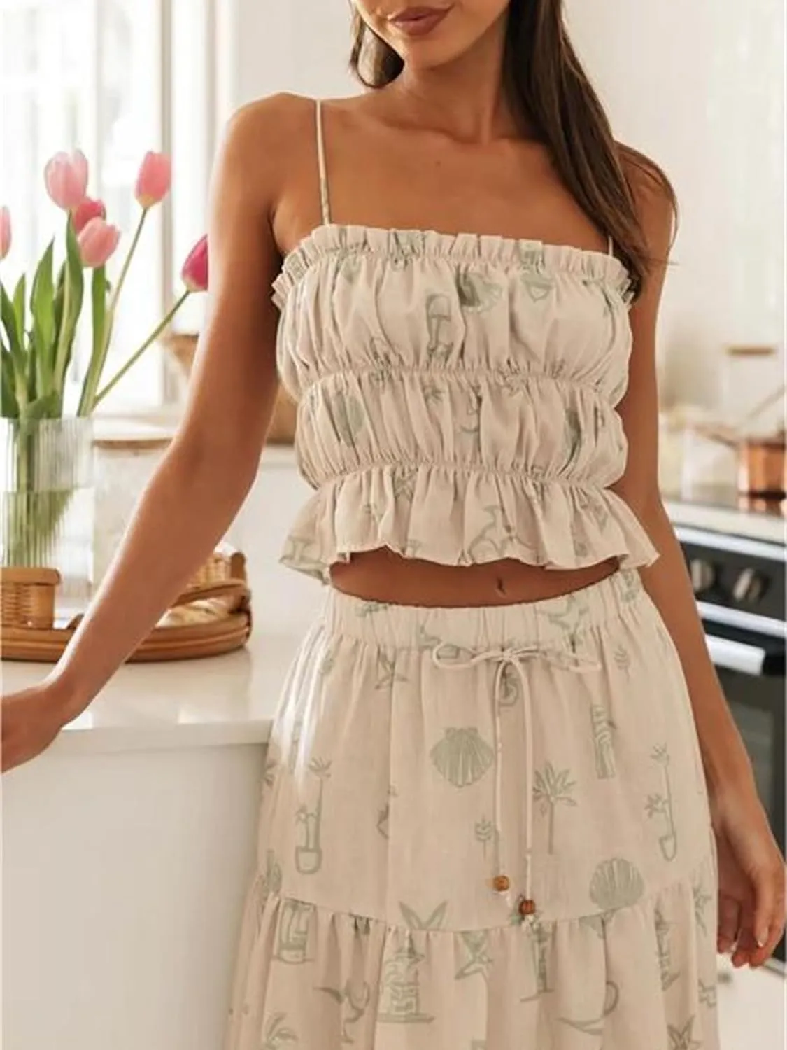 Women Summer 2 Piece Maxi Skirt Sets Y2k Halter Tie Up Backless Tops Ruffle Ruched Long Skirt Beach Vacation Outfit