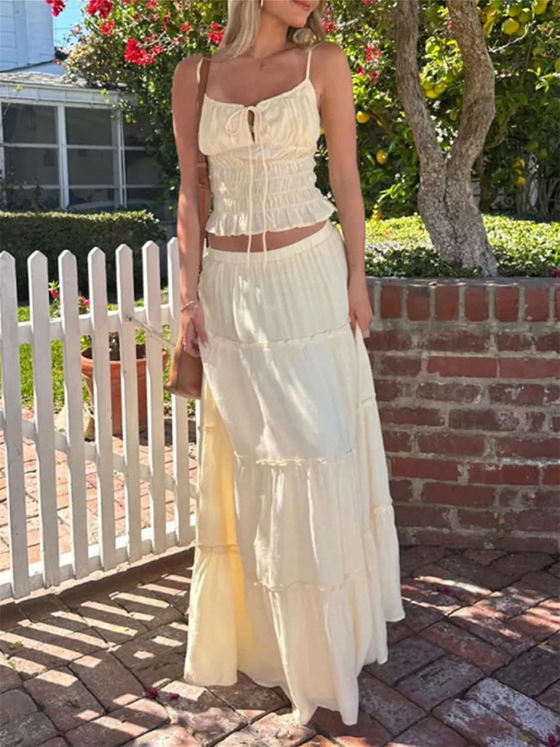Women Summer 2 Piece Maxi Skirt Sets Y2k Halter Tie Up Backless Tops Ruffle Ruched Long Skirt Beach Vacation Outfit