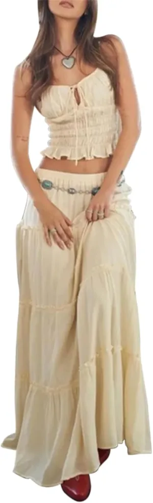 Women Summer 2 Piece Maxi Skirt Sets Y2k Halter Tie Up Backless Tops Ruffle Ruched Long Skirt Beach Vacation Outfit