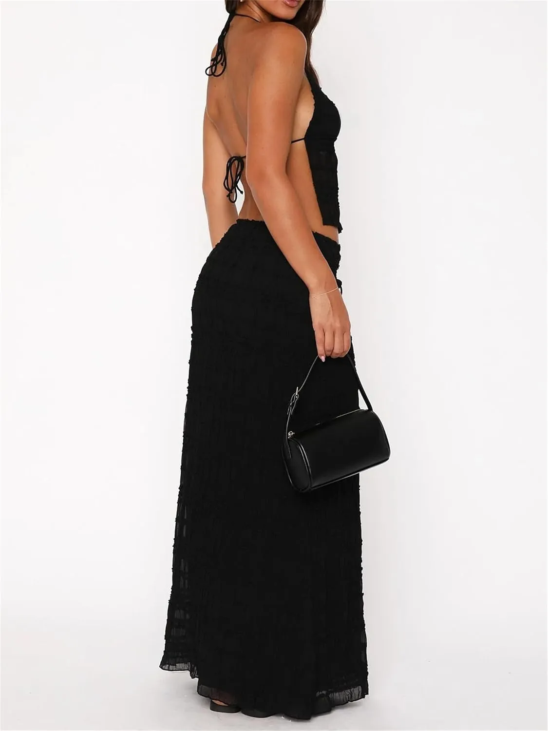 Women Summer 2 Piece Maxi Skirt Sets Y2k Halter Tie Up Backless Tops Ruffle Ruched Long Skirt Beach Vacation Outfit