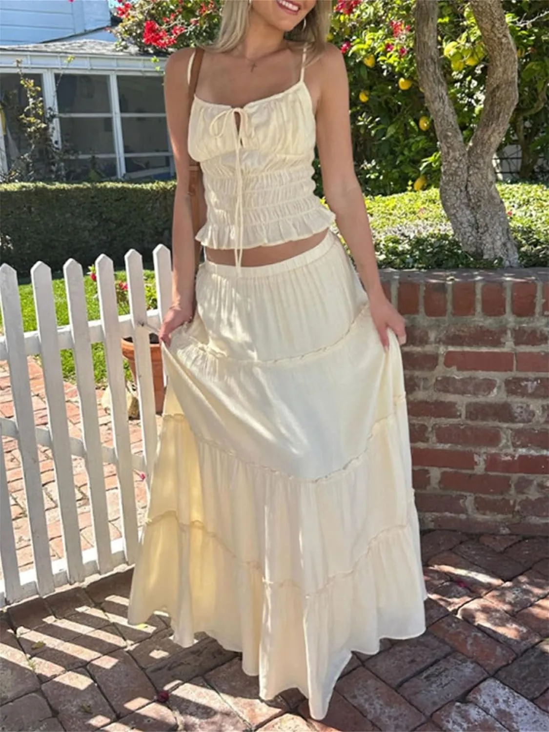 Women Summer 2 Piece Maxi Skirt Sets Y2k Halter Tie Up Backless Tops Ruffle Ruched Long Skirt Beach Vacation Outfit