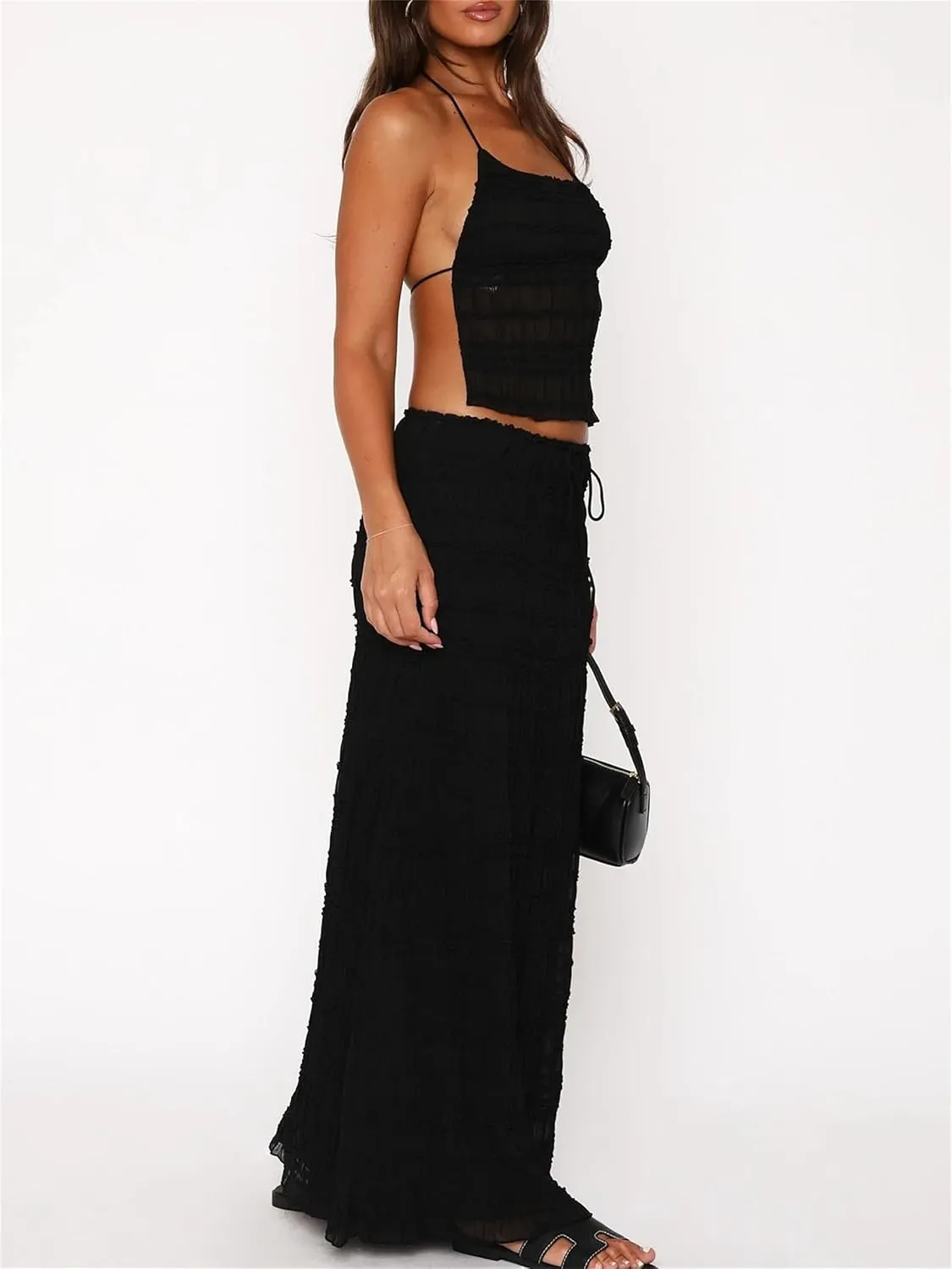 Women Summer 2 Piece Maxi Skirt Sets Y2k Halter Tie Up Backless Tops Ruffle Ruched Long Skirt Beach Vacation Outfit