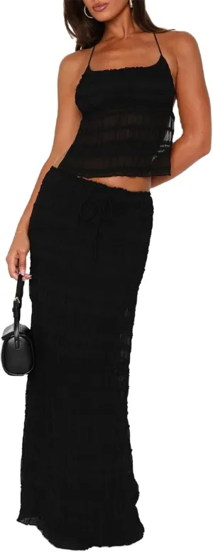 Women Summer 2 Piece Maxi Skirt Sets Y2k Halter Tie Up Backless Tops Ruffle Ruched Long Skirt Beach Vacation Outfit