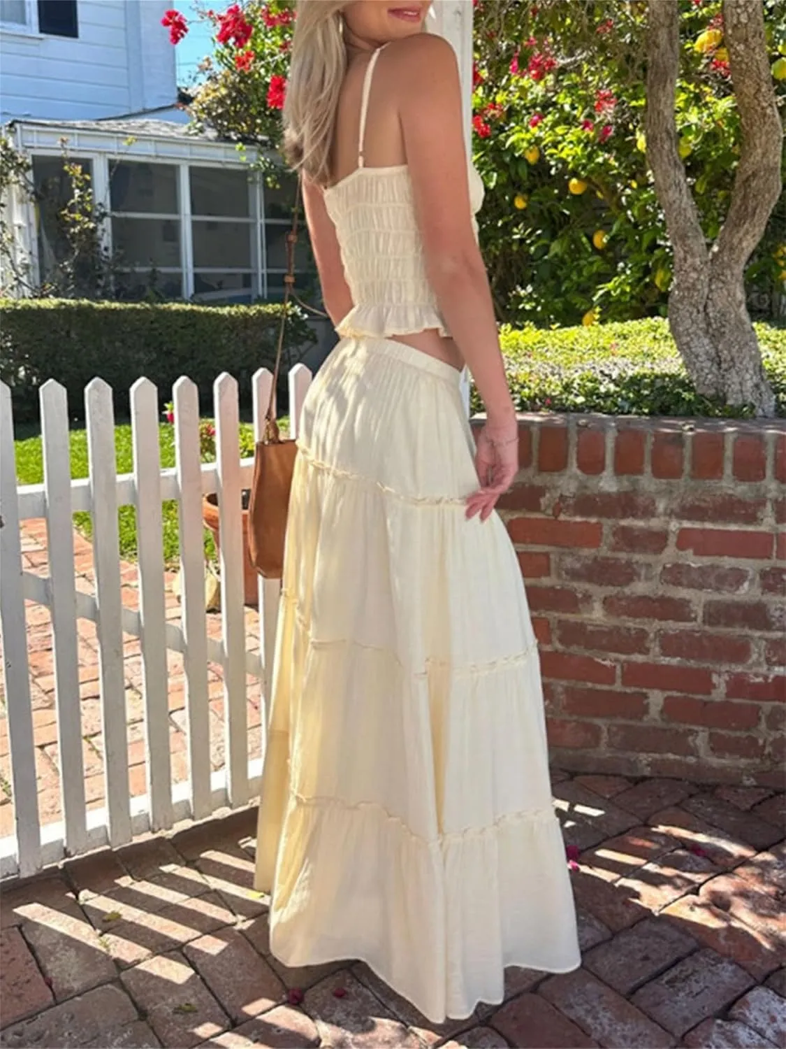Women Summer 2 Piece Maxi Skirt Sets Y2k Halter Tie Up Backless Tops Ruffle Ruched Long Skirt Beach Vacation Outfit