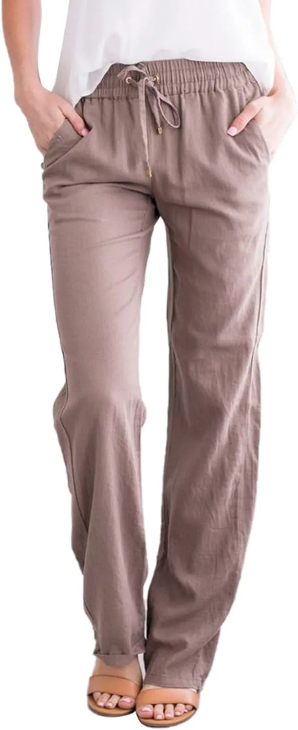 Women Summer Casual Cropped Linen Pants Drawstring Elastic High Waist Trousers Loose Casual Solid Wide Leg Pants