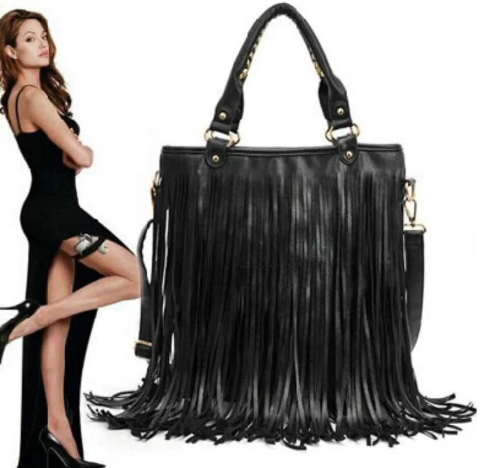 Women Tassel Fringe Shoulder Big Tote Bags Messenger Handbag Hobo Cross Body