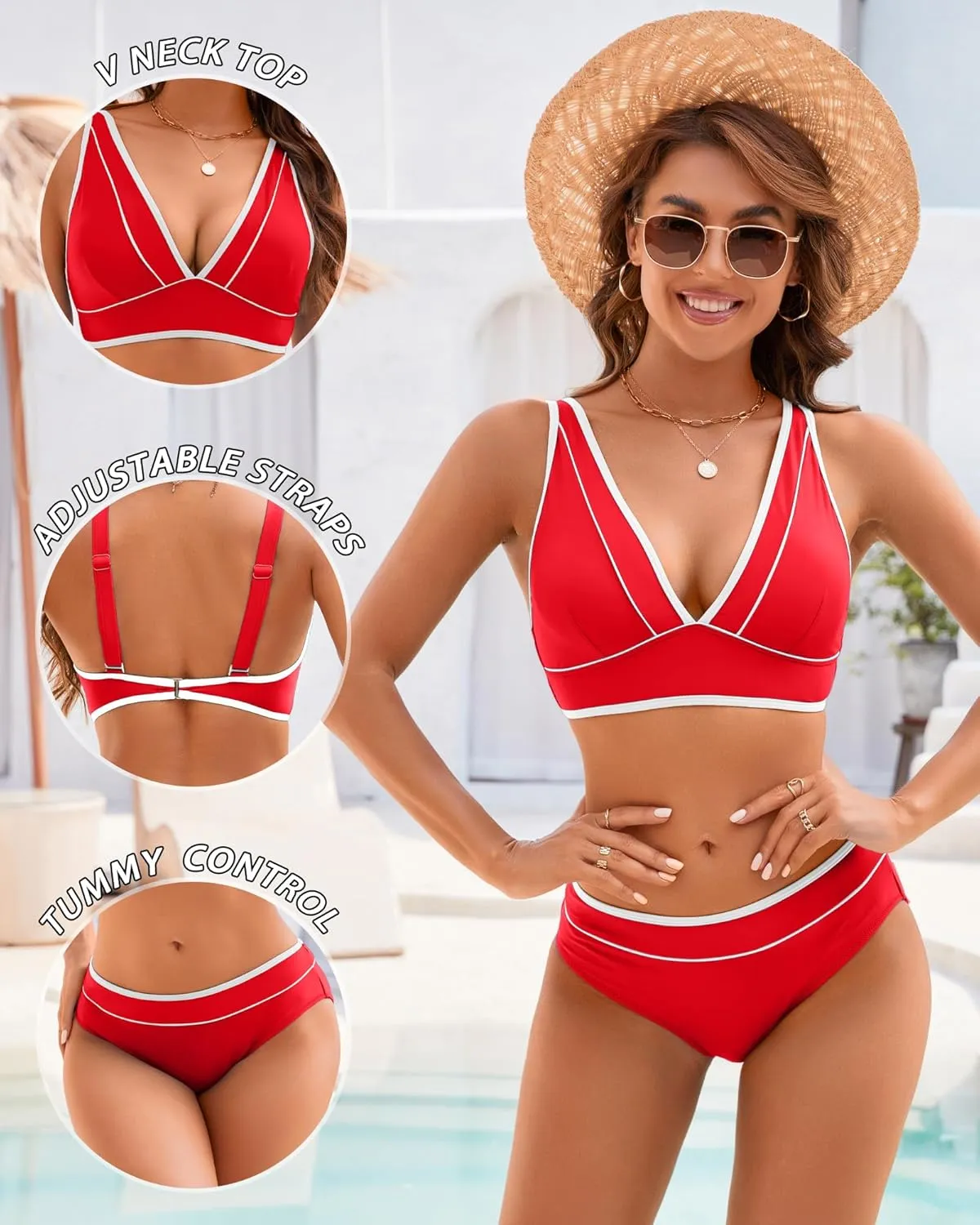 Women Two Piece Swimsuit Push Up Bikini Sets Full Coverage Bathing Suit V Neck Color Block Swim Suit 2025