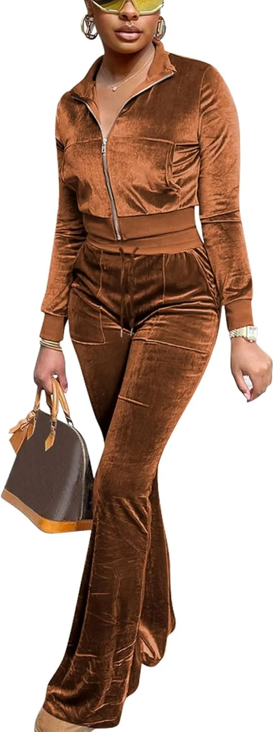 Women Velour Sweat Suits 2 Piece Outfits Tracksuits Long Sleeve Zip Up Jacket Flare Pants Cute Casual Matching Suit