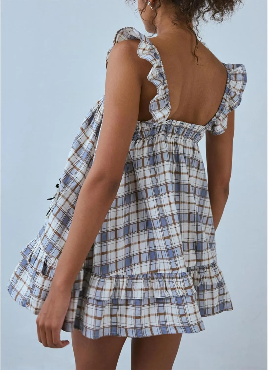 Women Y2K Gingham Mini Dress Cute Fly Sleeve Bow Front Floral Printed Loose Fit Ruffle Babydoll Short Dress Summer