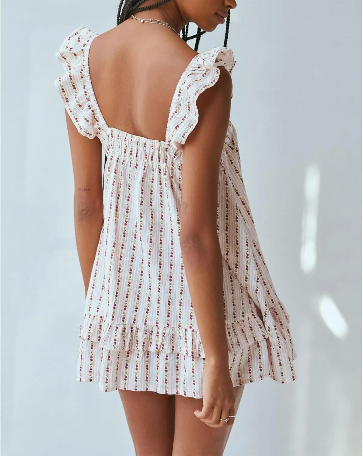 Women Y2K Gingham Mini Dress Cute Fly Sleeve Bow Front Floral Printed Loose Fit Ruffle Babydoll Short Dress Summer