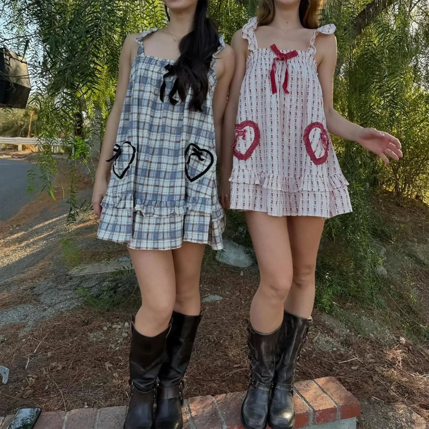 Women Y2K Gingham Mini Dress Cute Fly Sleeve Bow Front Floral Printed Loose Fit Ruffle Babydoll Short Dress Summer