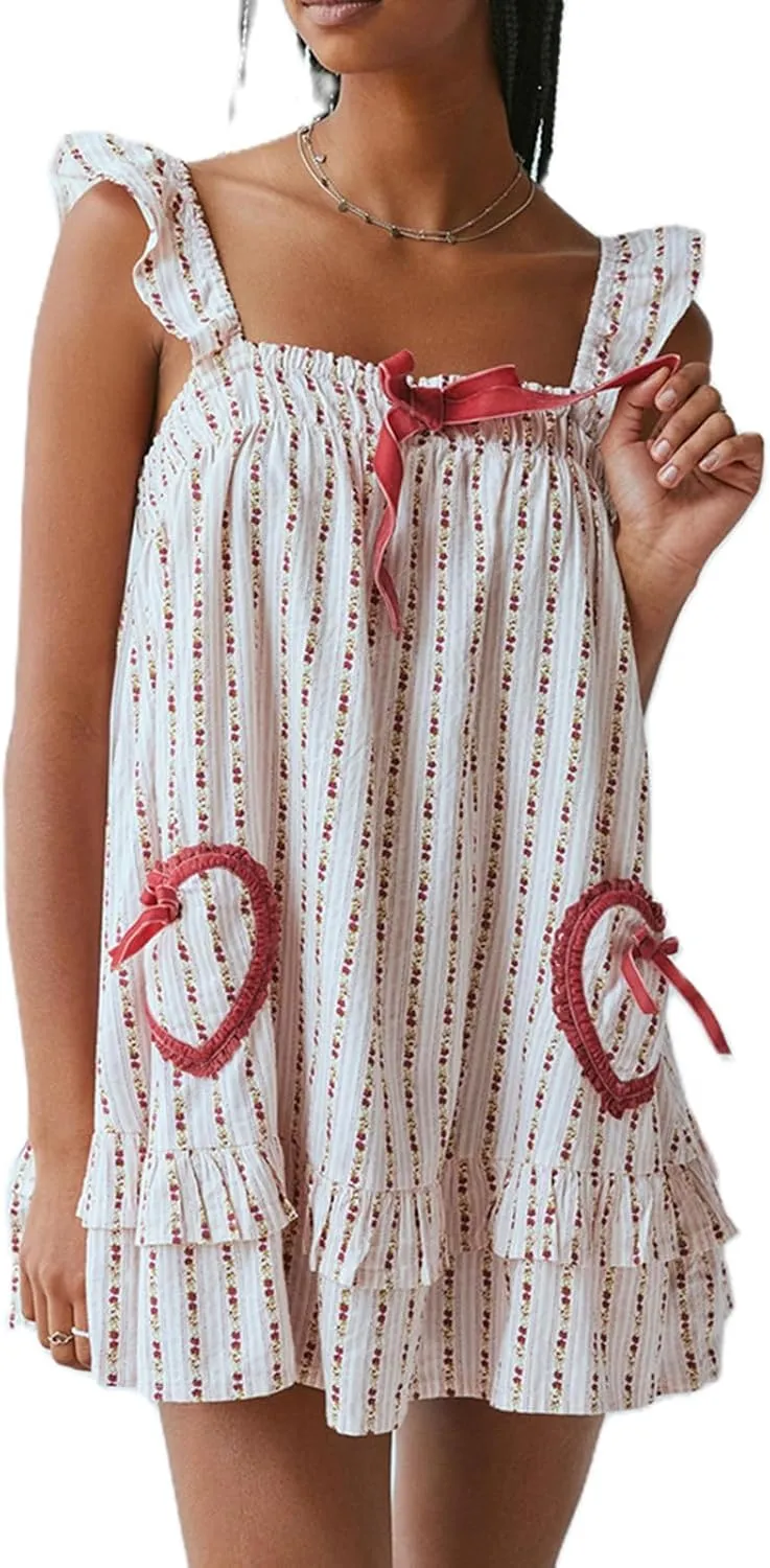 Women Y2K Gingham Mini Dress Cute Fly Sleeve Bow Front Floral Printed Loose Fit Ruffle Babydoll Short Dress Summer