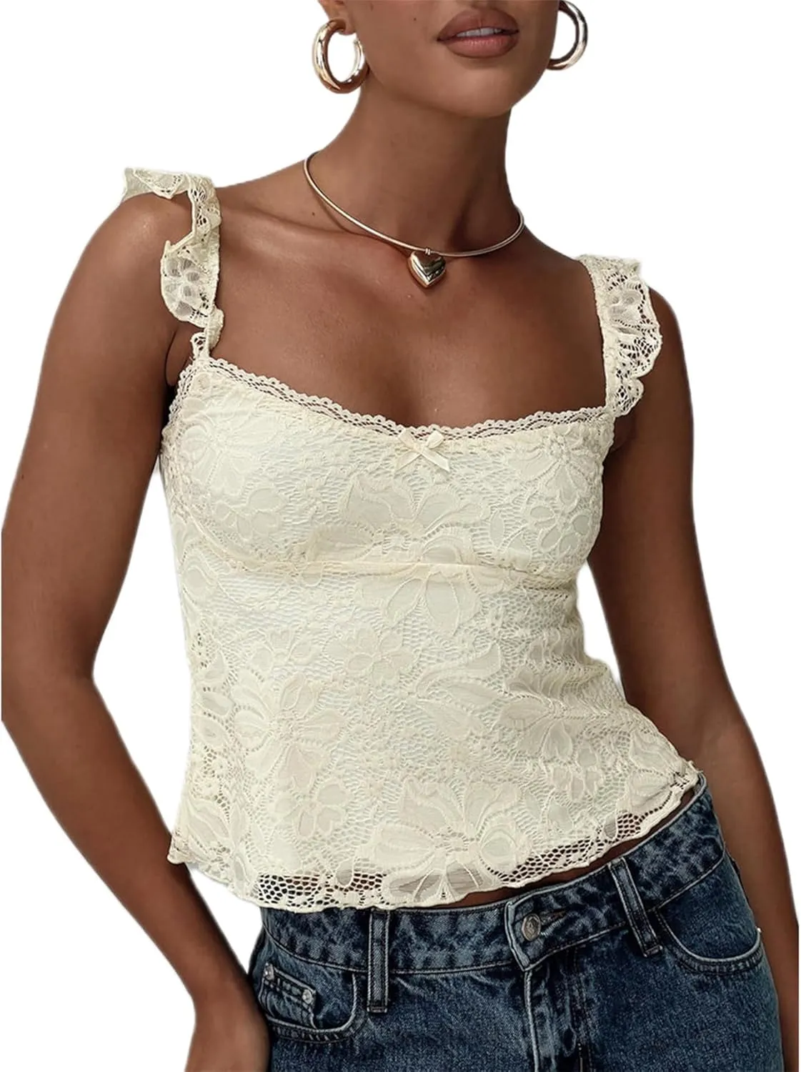 Women Y2k Lace Trim Tank Tops Cute Floral Lace LowCut Ruffle Going Out Camisole Summer Fairycore Coquette Streetwear
