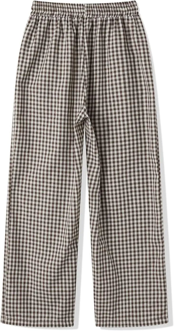 Women Y2K Plaid Wide Leg Pants High Waist Elastic Waist Baggy Casual Pants Loose Trousers Trendy Sweatpants Bottoms