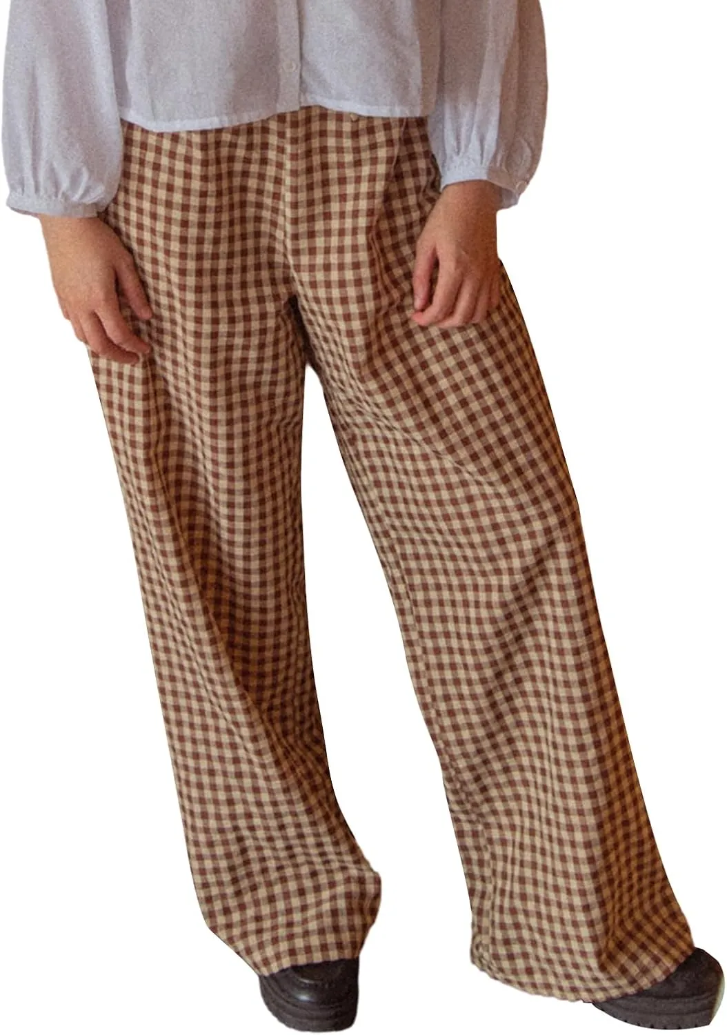 Women Y2K Plaid Wide Leg Pants High Waist Elastic Waist Baggy Casual Pants Loose Trousers Trendy Sweatpants Bottoms
