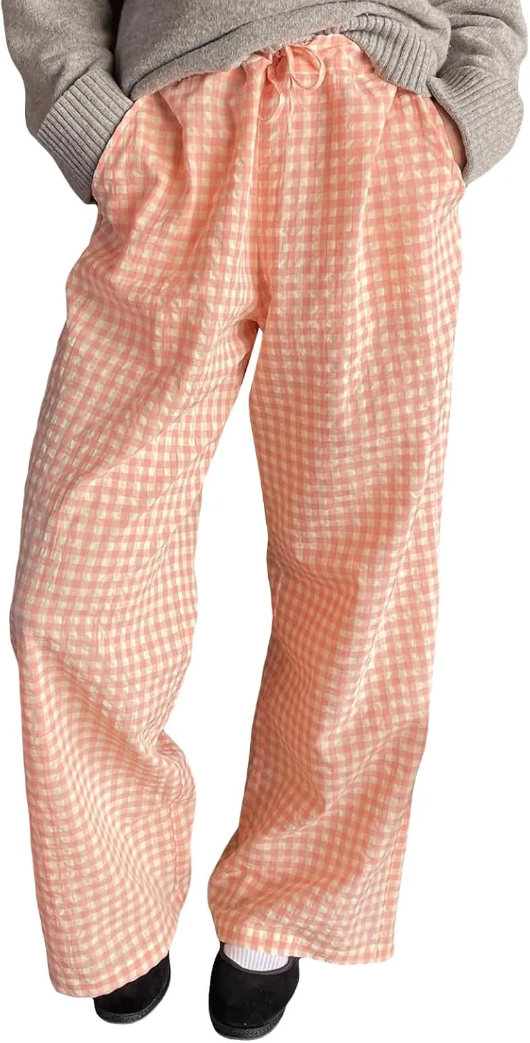 Women Y2K Plaid Wide Leg Pants High Waist Elastic Waist Baggy Casual Pants Loose Trousers Trendy Sweatpants Bottoms